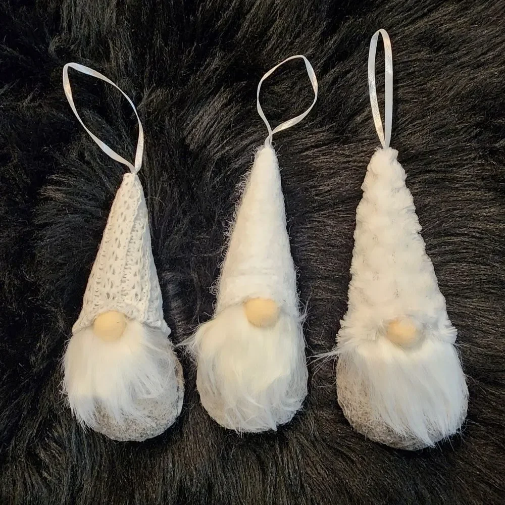 NEW Set of 3 Gnome Christmas Ornaments Gray and White